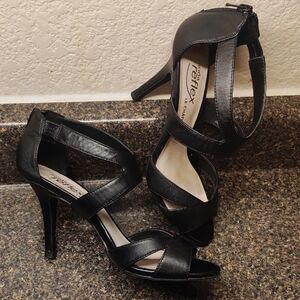 Black Strappy Heels Sandals with Zip Back Genuine Leather Size 7